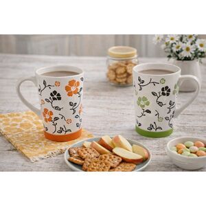 Pier 1 Mug Set of 2 12oz White Floral Orange Green Silicone Base Coffee Tea